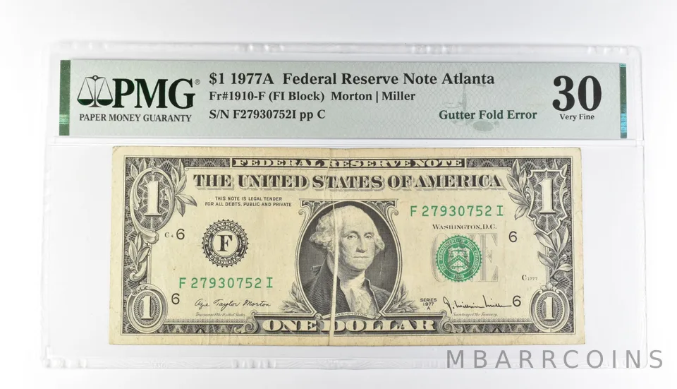 PMG 30 VF $1 1977A FRN Atlanta Fr#1910-F Gutter Fold Error *3198