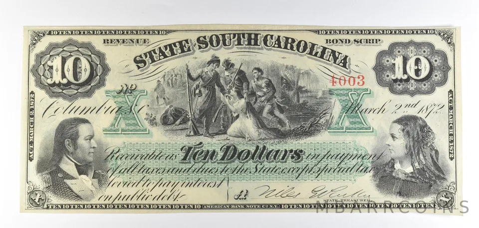 1872 $10 State Of South Carolina Obsolete Note *8772