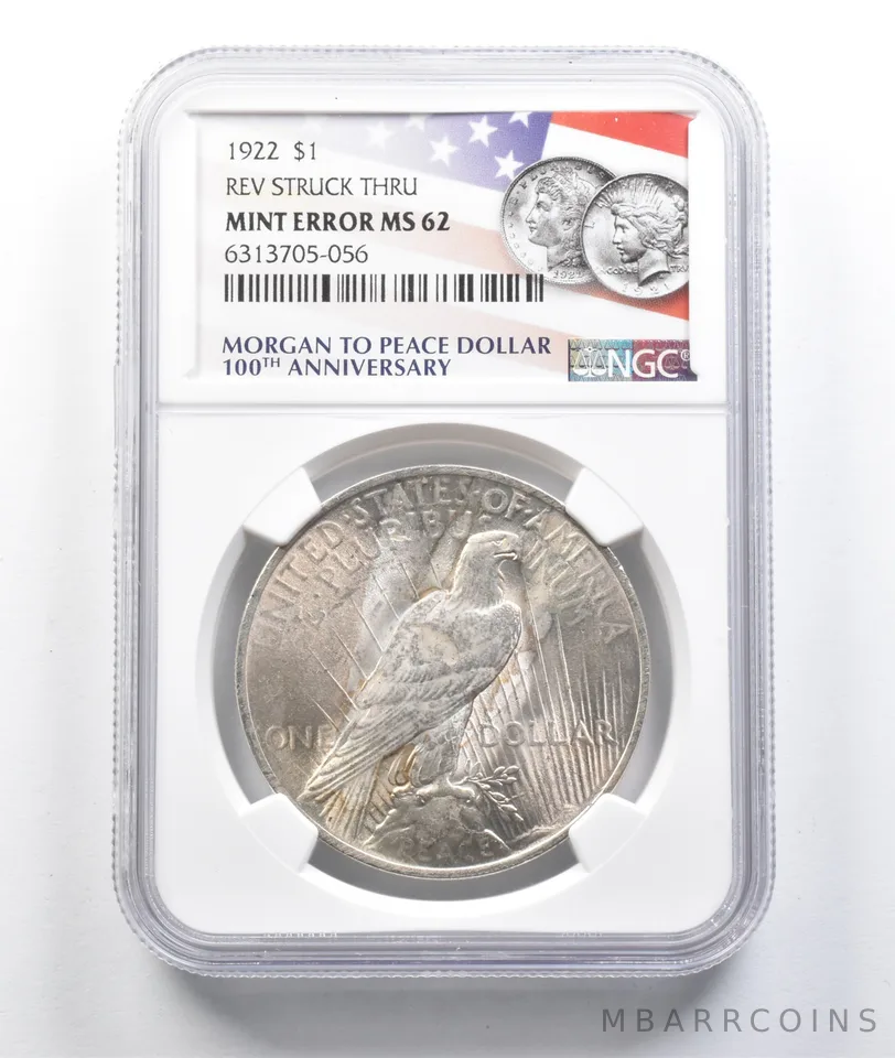1922 Peace Silver Dollar Error MS62 Reverse Struck Thru NGC a0454