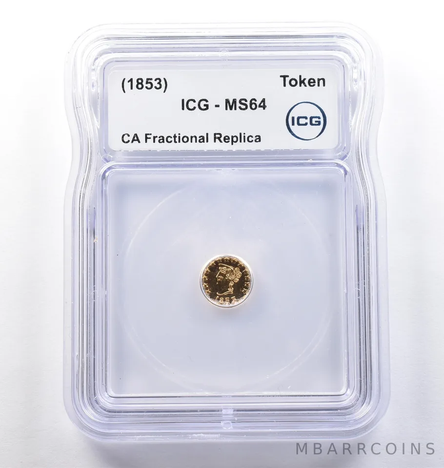(1853) CA Fractional Gold Style Token Liberty Head 1/4 Dollar MS64 ICG *3806
