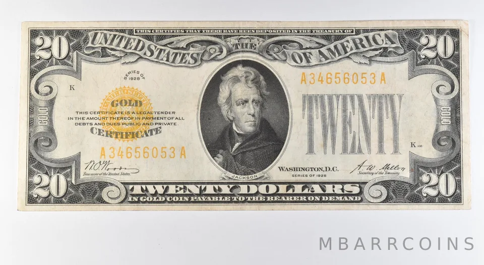 1928 $20 Gold Certificate Yellow Seal Fr#2402 *9585