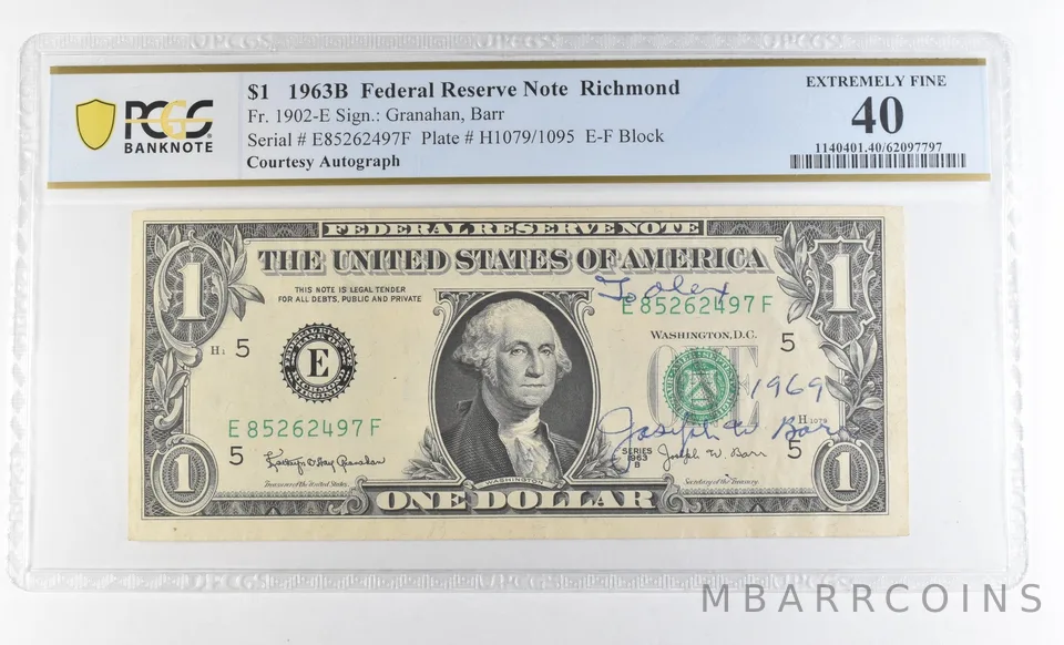 1963 B $1 Richmond VA FRN Courtesy Autograph FR#1902-E EF40 PCGS Barr *0616
