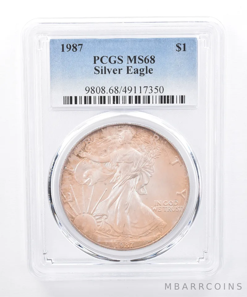 1987 American Silver Eagle MS68 PCGS Iridescent Tone *8411