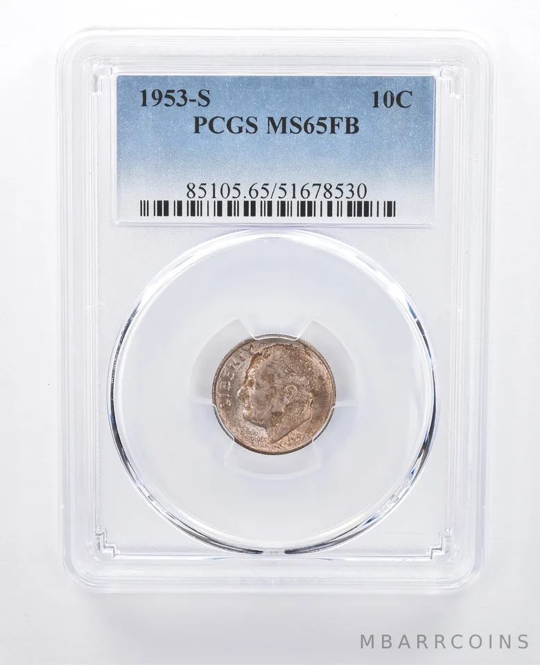 1953-S Roosevelt Dime MS65 FB PCGS Purple/Red Tone *8058