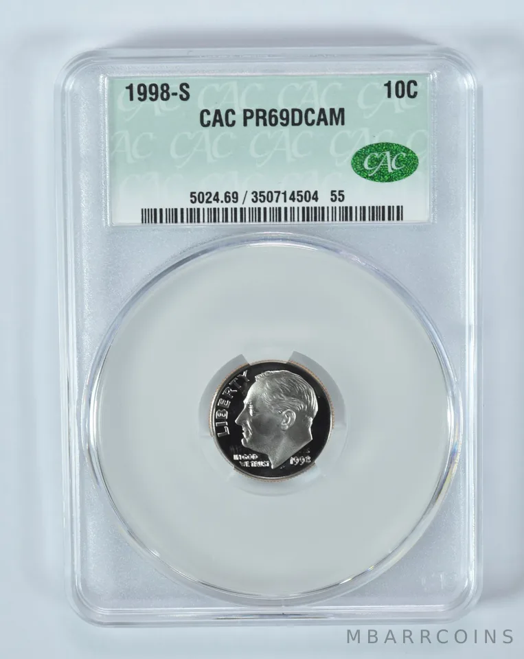 1998-S Roosevelt Dime PR69 DCAM CAC CACg