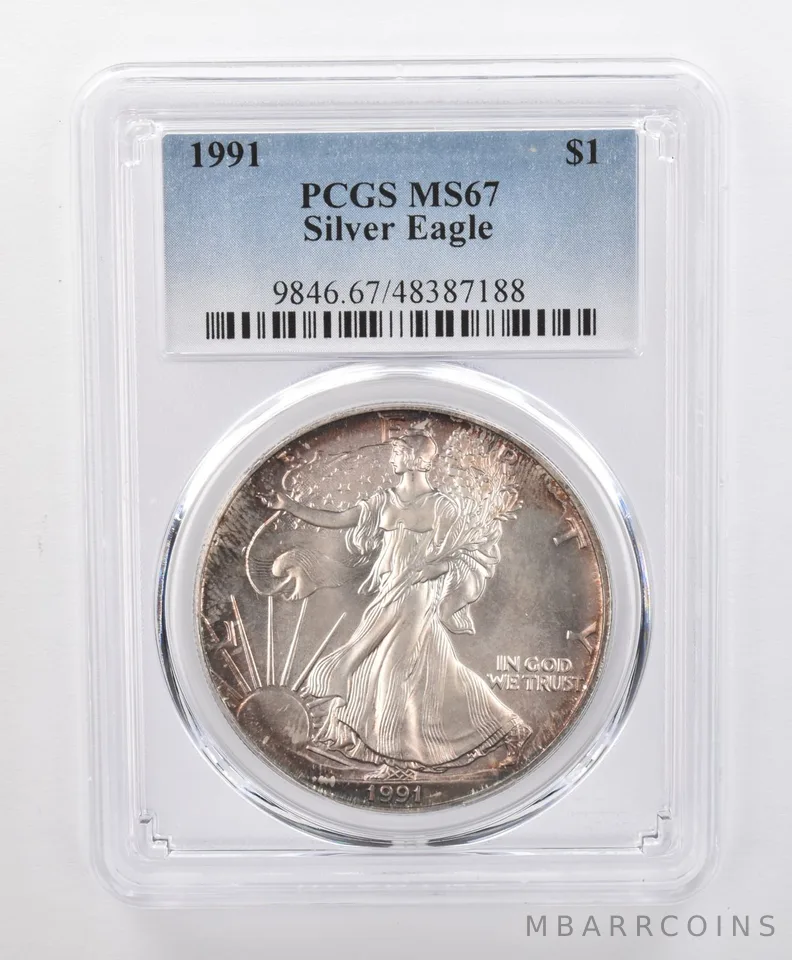 MS67 1991 American Silver Eagle PCGS Red/Blue Peripheral Toning *1218