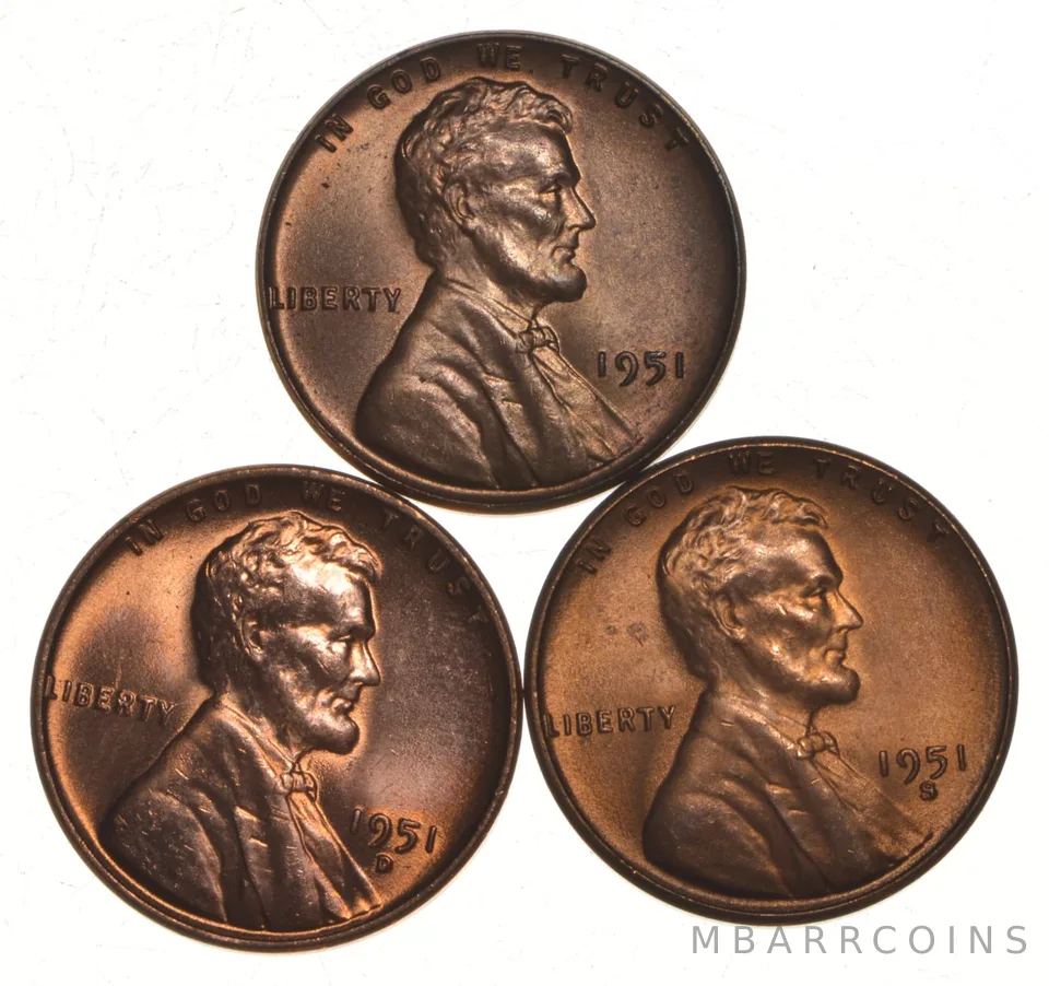 Choice Unc 1951 P+D+S Lincoln Wheat Cent Gem BU Collection Lot Set