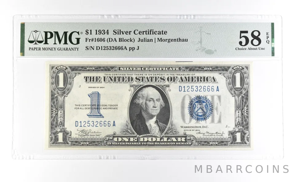 1934 $1 Silver Certificate Fr#1606 Choice About Unc 58 EPQ PMG a6990