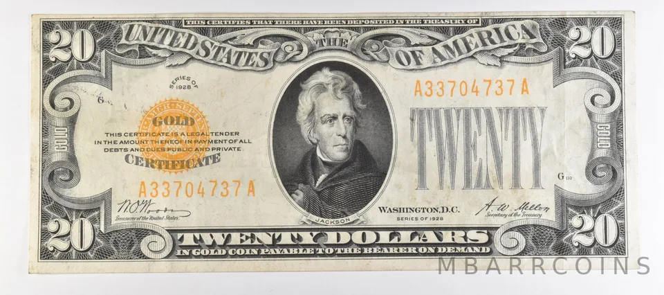 1928 $20 US Gold Certificate Fr#2402 *1014