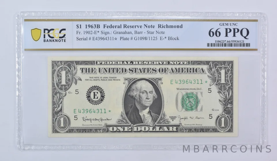 1963 B $1 Richmond VA FRN Star Note Fr#1902-E* Gem Unc 66 PPQ PCGS Barr