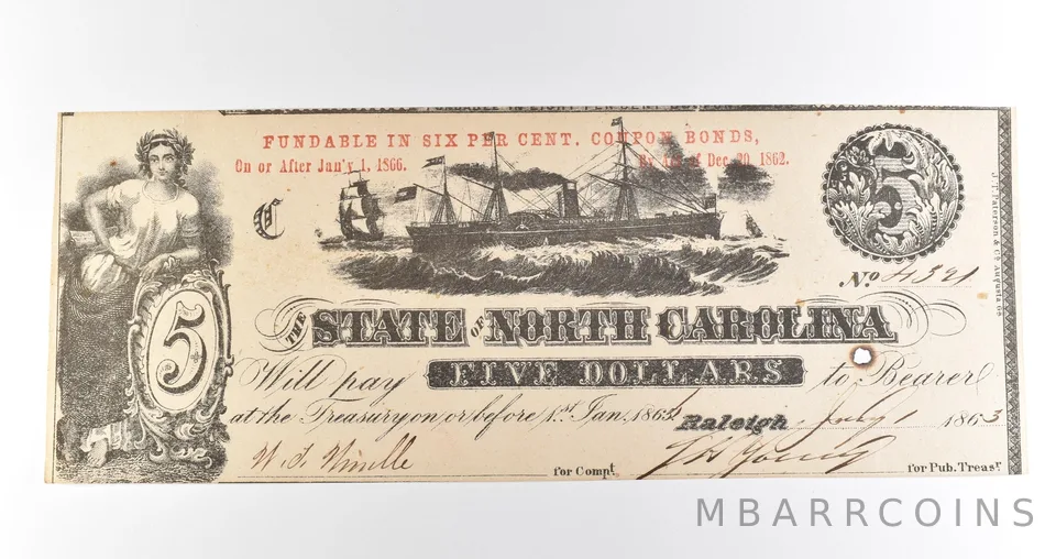 1863 $5 Raleigh NC State Of North Carolina Obsolete Note *3897