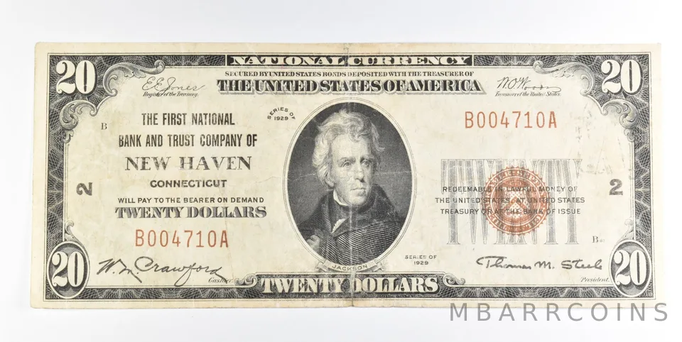 1929 $20 New Haven CT National Currency Note CH 2 *0210