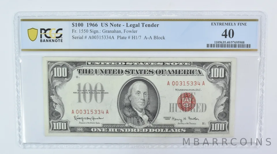 1966 $100 Legal Tender Fr#1550 Extremely Fine 40 PCGS a5967