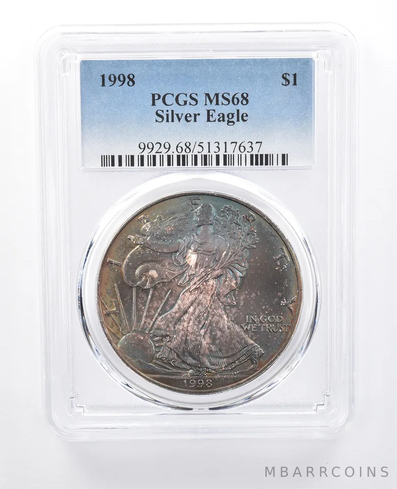 1998 American Silver Eagle MS68 PCGS Rainbow Tone *8146