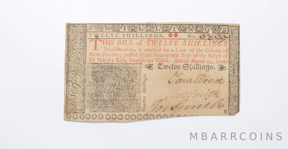 1776 12 Shillings New Jersey Colonial Currency Note - Signatures a0549