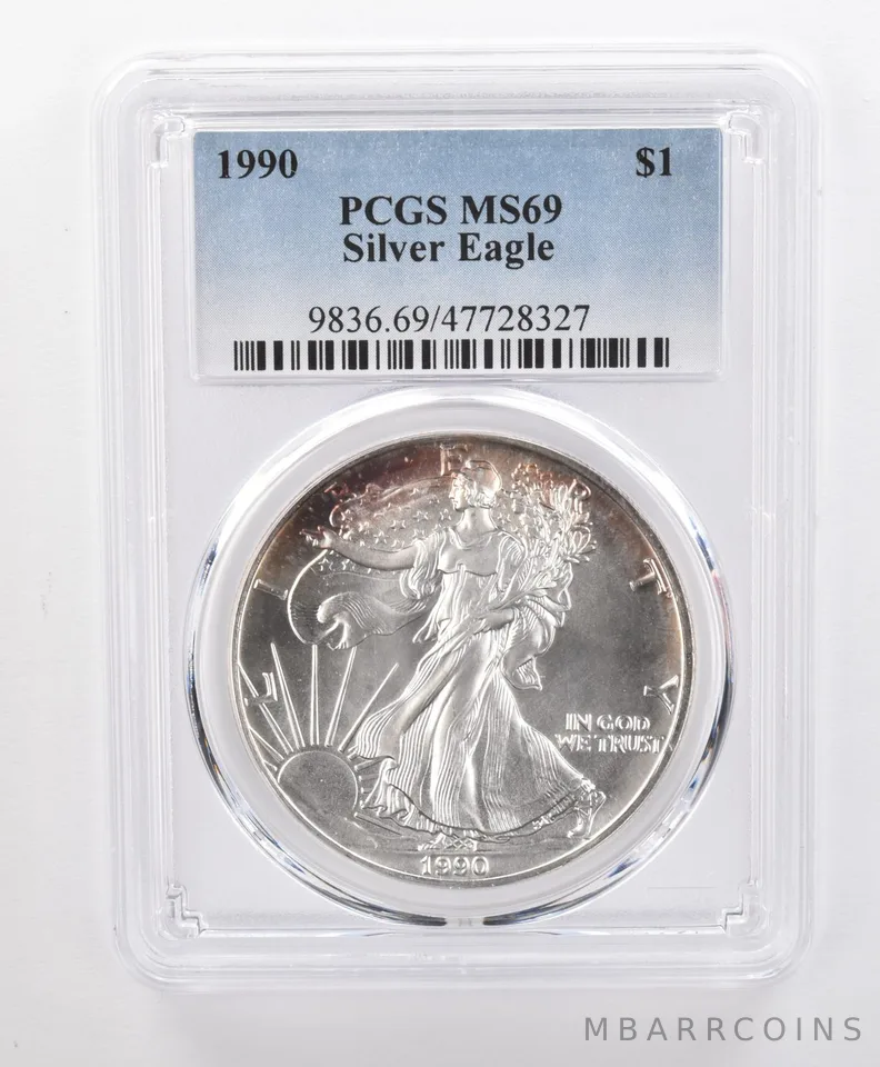 MS69 1990 American Silver Eagle PCGS Red Peripheral Toning a1672