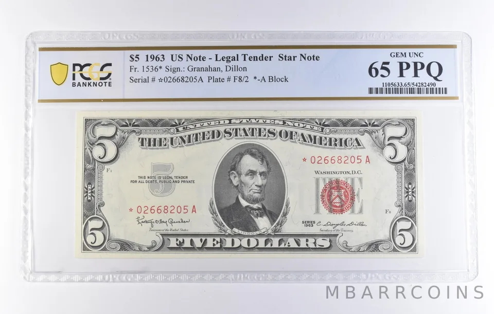 1963 $5 Legal Tender Star Note Fr#1536* Gem Unc 65 PPQ PCGS *8331