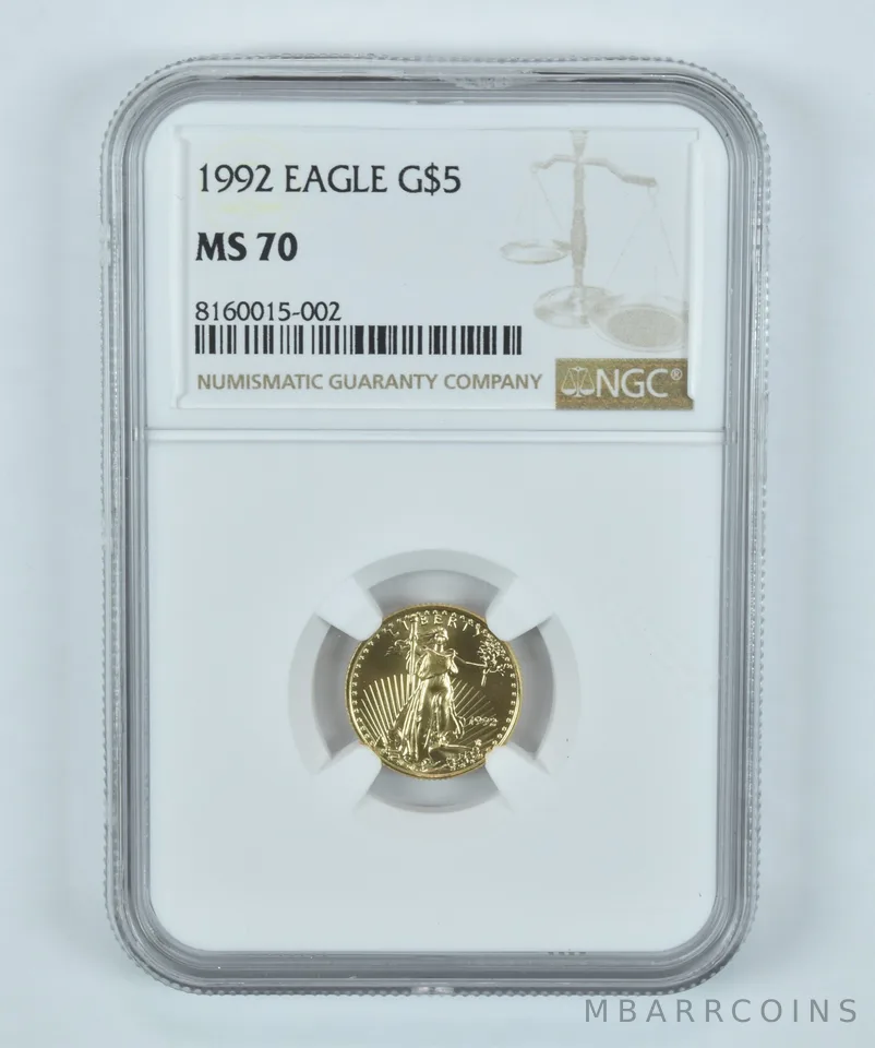 1992 $5 American Gold Eagle 1/10 oz MS70 NGC Brown Label