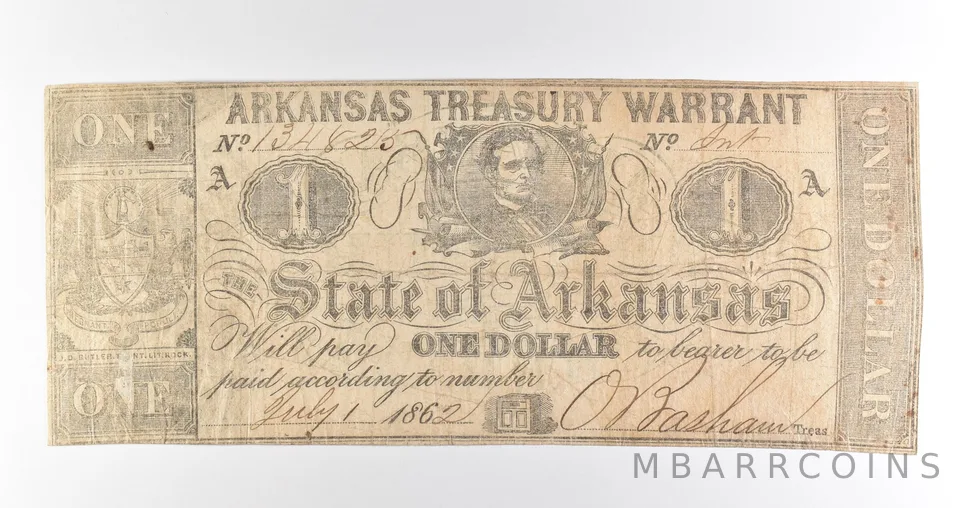 1862 $1 Arkansas Treasury Warrant Obsolete Note *3915