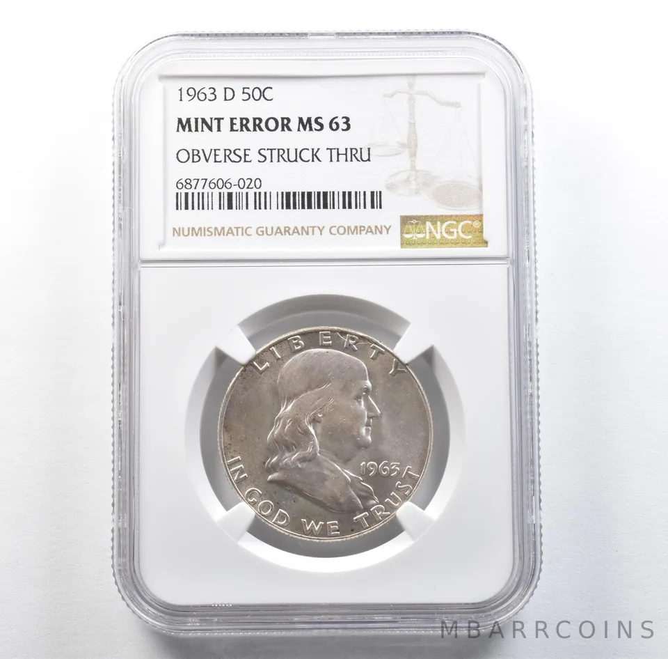 1963-D Franklin Half Dollar Mint Error Obverse Struck Thru MS63 NGC *3105