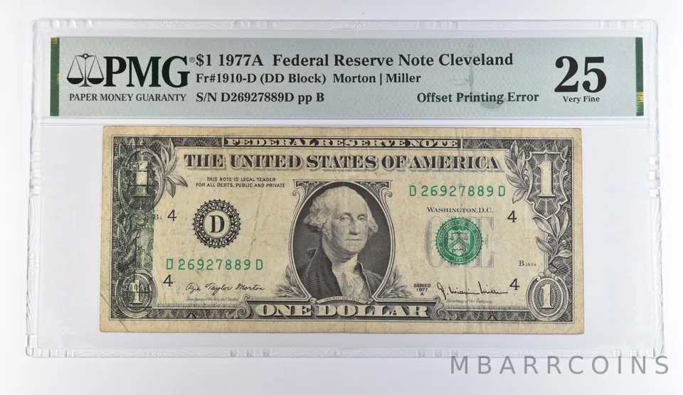 1977 A $1 Cleveland OH FRN OffPrinting Error Fr#1910-D VF 25 PMG *9493