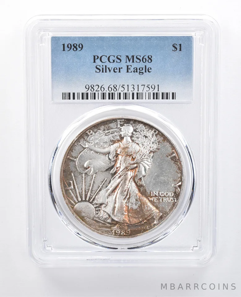 1989 American Silver Eagle MS68 PCGS Mottled Tone *8193