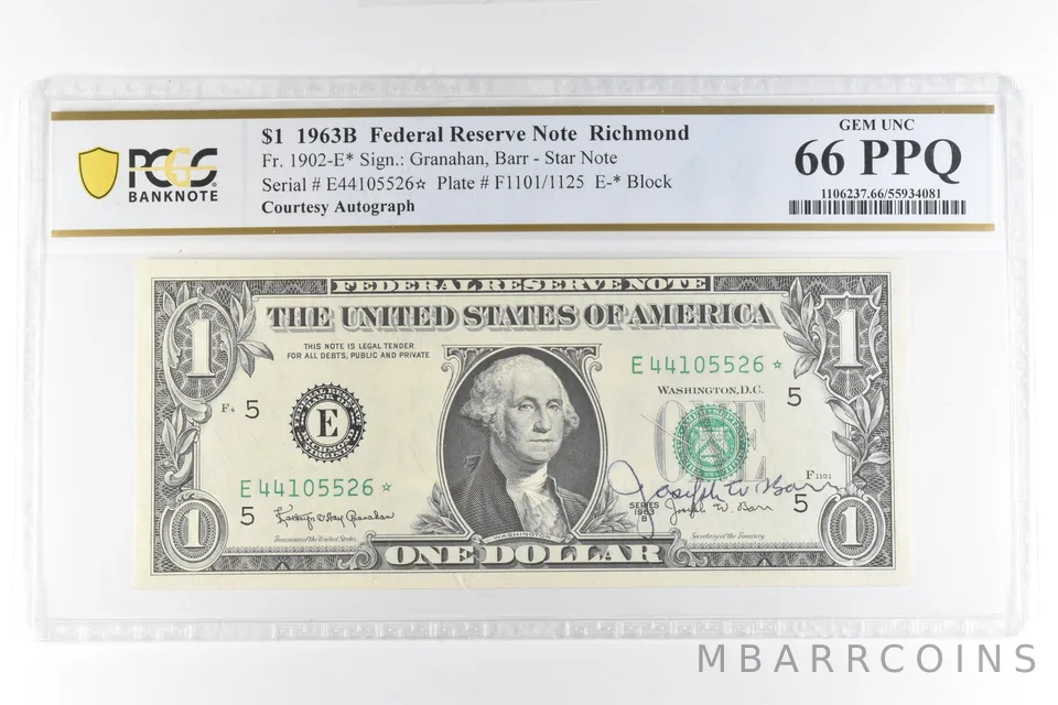 1963 B $1 VA FRN Star Note Courtesy Autograph Fr#1902-E* 66 PPQ PCGS *7319