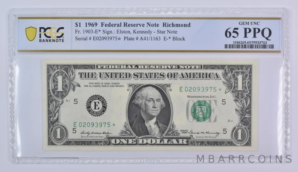 1969 $1 Richmond VA FRN Star Note Fr#1903-E* Gem Unc 65 PPQ PCGS