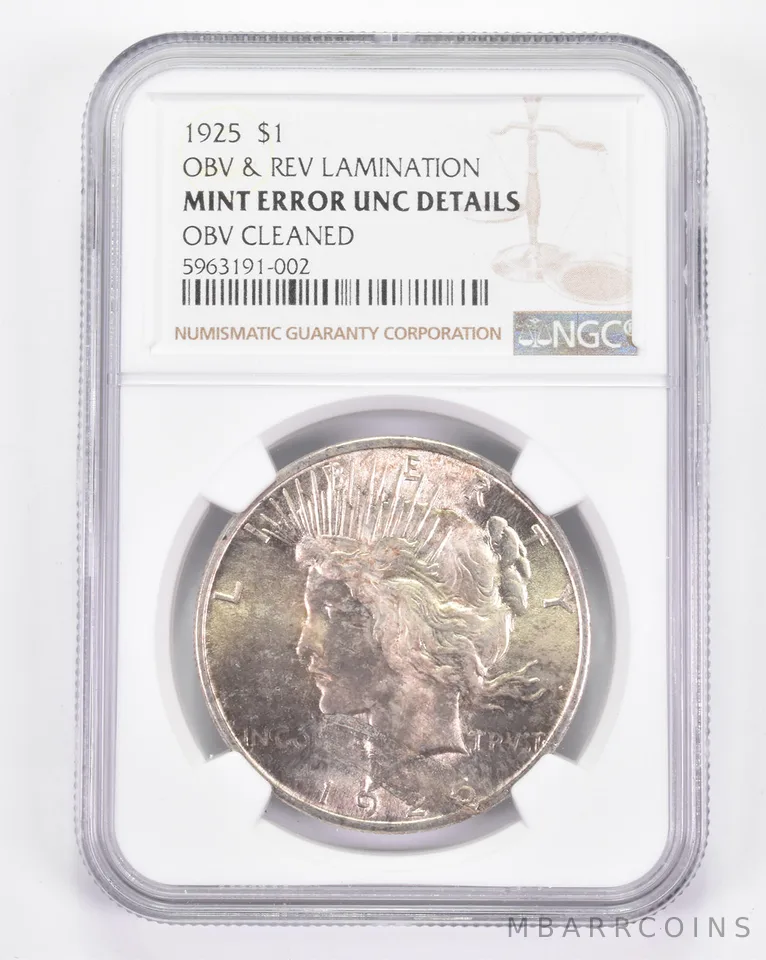 Mint Error UNC Details 1925 Peace Silver Dollar OBV & REV Lamination NGC a8841