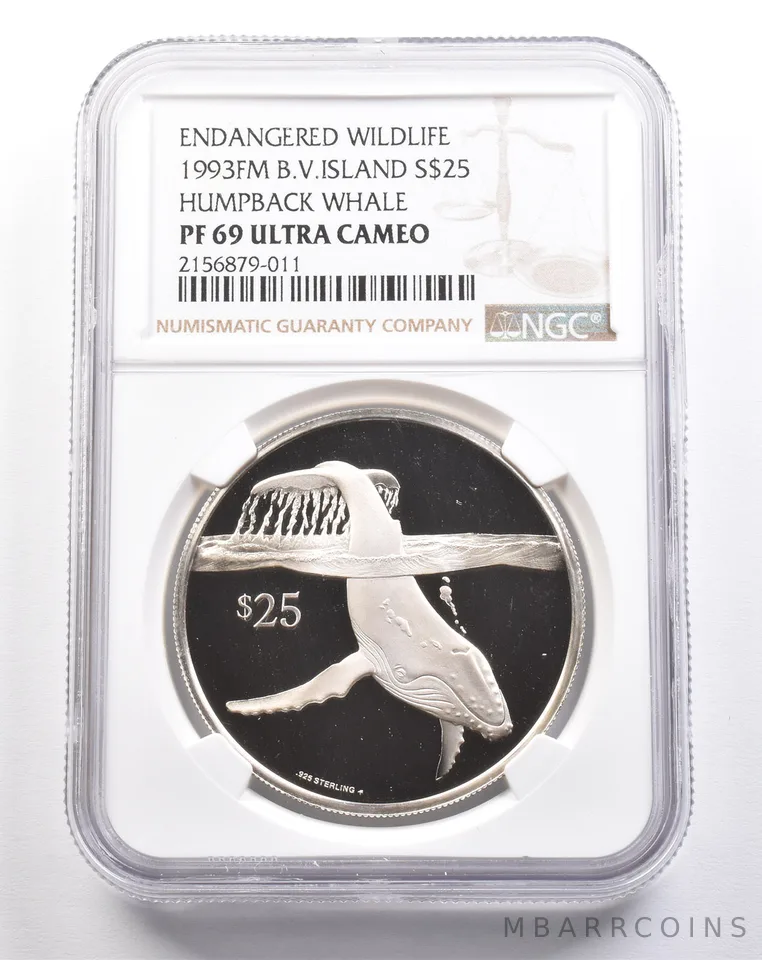 1993 FM British Virgin Islands $25 Silver Humpback Whale PF69 UCAM NGC a4933