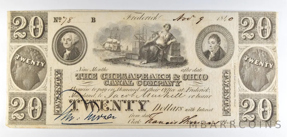 1840 $20 Frederick MD Chesapeake & Ohio Canal Company Obsolete Note *8500