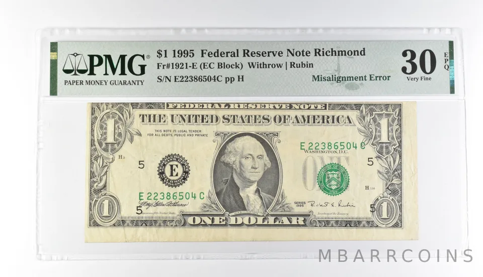 PMG 30 VF EPQ $1 1995 FRN Richmond Fr#1921-E Misalignment Error a3183