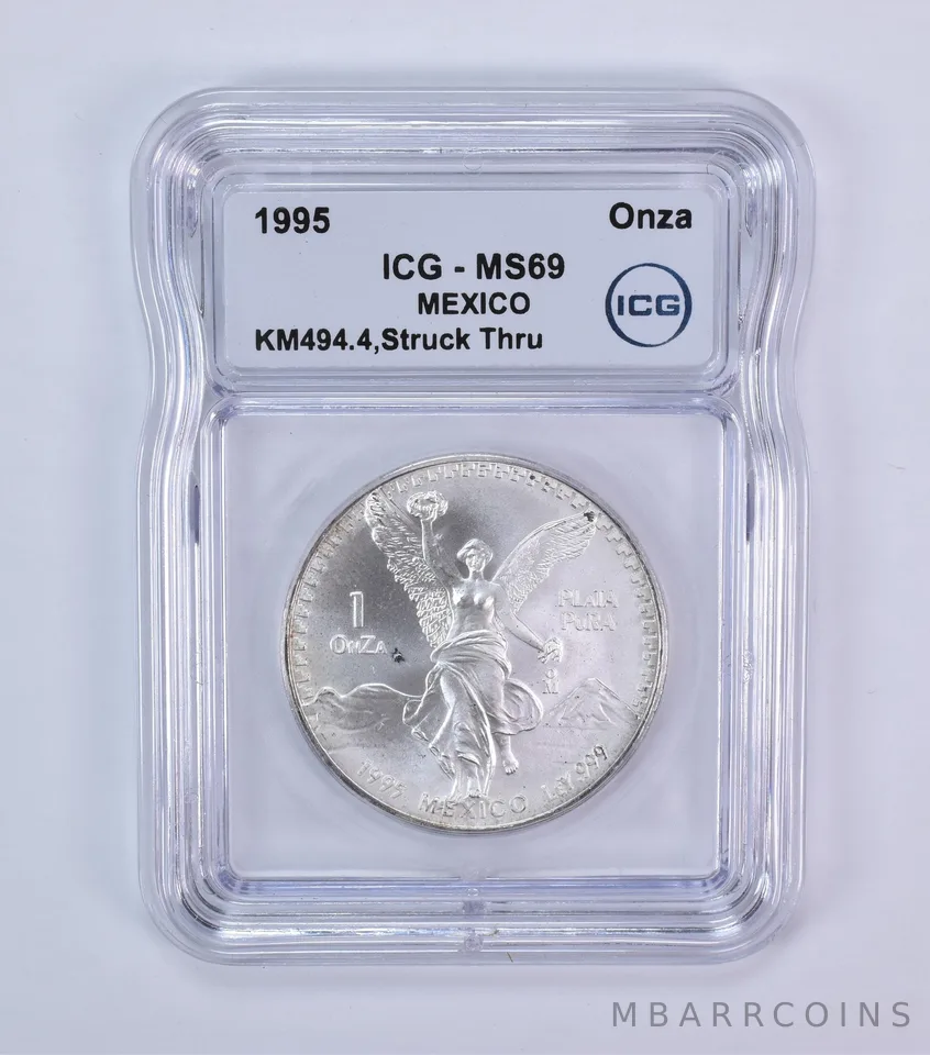 1995 Mo Mexico 1 Onza Silver Libertad Mint Error Struck Thru MS69 ICG *7965