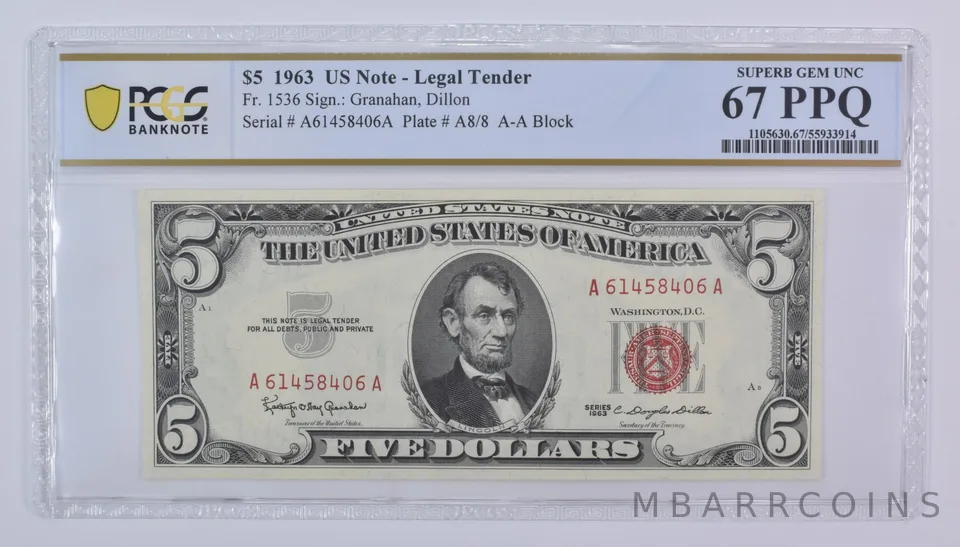 1963 $5 US Legal Tender Fr#1536 Superb Gem Unc 67 PPQ PCGS