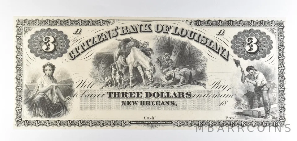 1800s $3 New Orleans LA Citizens Bank Obsolete Note *8842