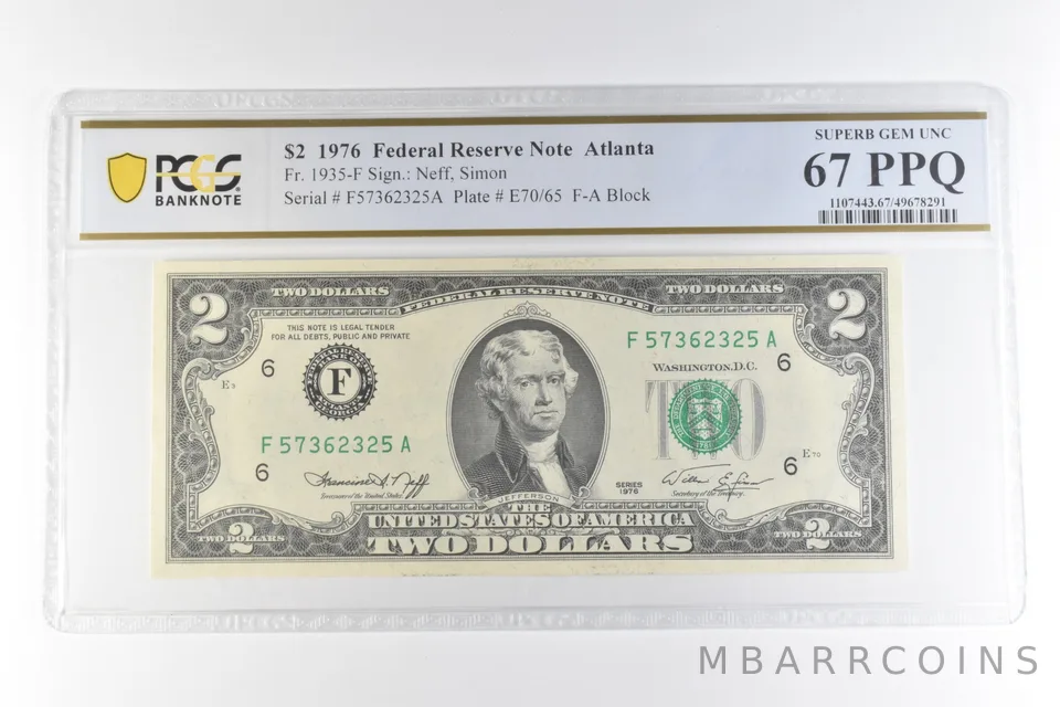 1976 $2 Atlanta GA FRN Fr#1935-F Superb Gem Unc 67 PPQ PCGS *0656