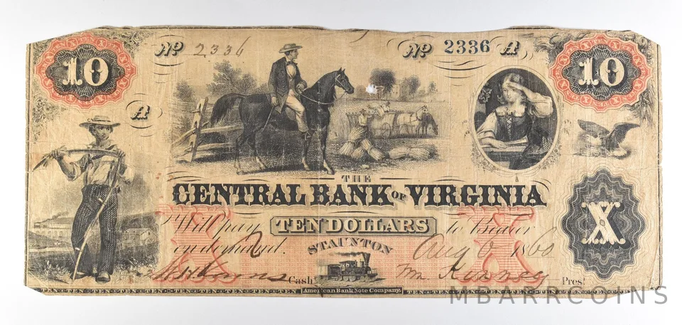 1860 $10 Staunton VA Central Bank Obsolete Note *8828