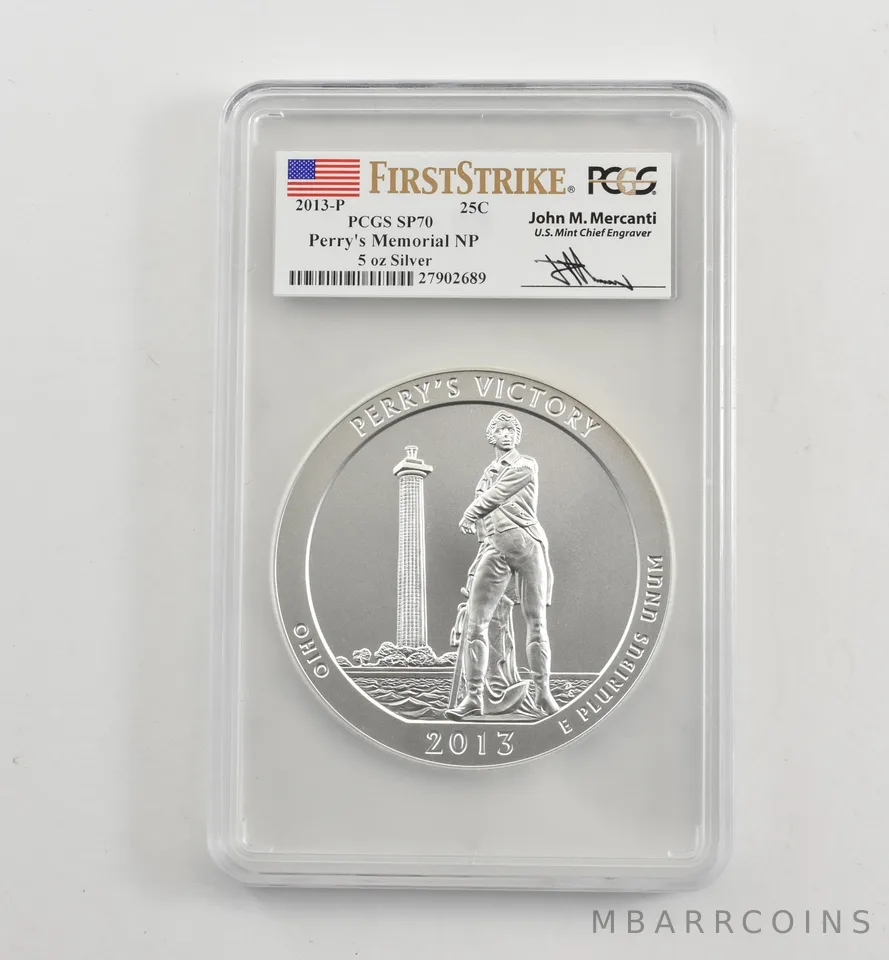 2013-P 5 Oz Silver Quarter ATB Perry's Memorial Mercanti SP70 PCGS *1702