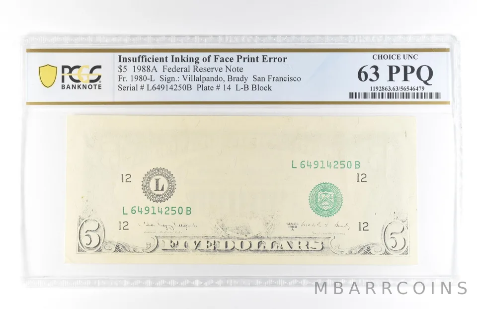 1988 A $5 63 FRN Insufficient Ink Of Face Print Error Fr#1980-L PPQ PCGS *5820