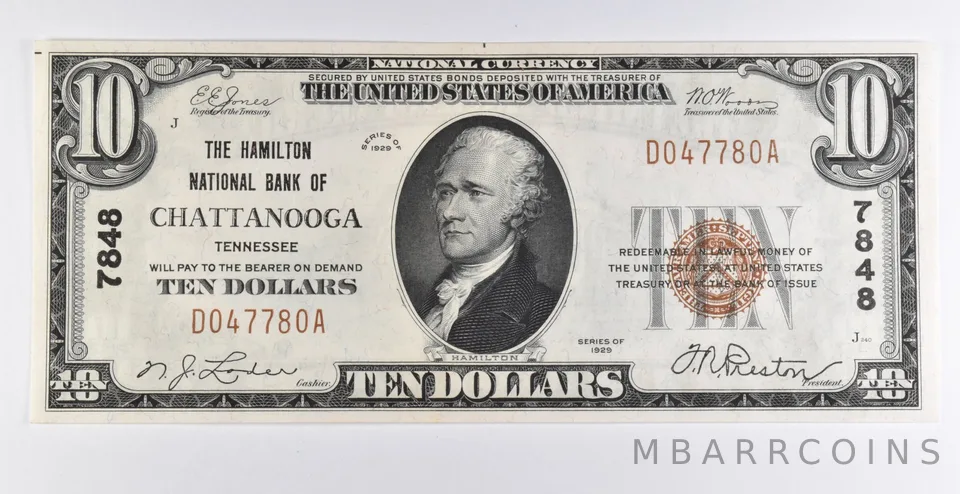1929 $10 Chattanooga, TN US National Currency CH 7848 Brown Seal Unc *9744
