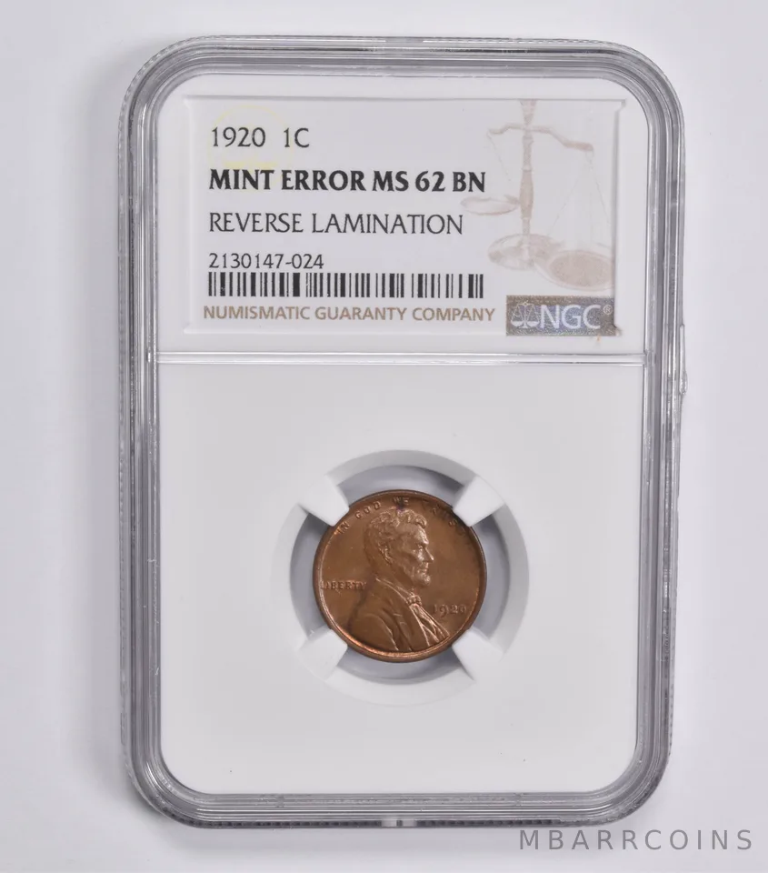 Mint Error MS62 BN 1920 Lincoln Wheat Cent Reverse Lamination NGC *3771