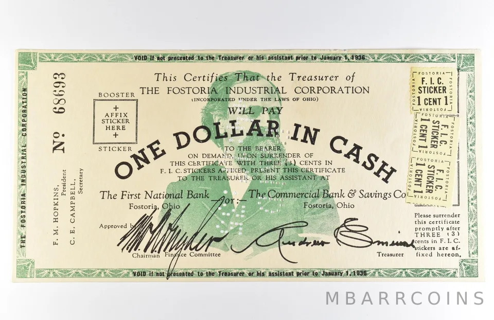 1936 $1 Fostoria OH Industrial Corporation Obsolete Note *8581
