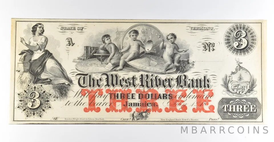 1800s $3 Jamaica VT West River Bank Obsolete Note *8459