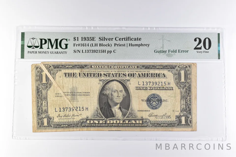 PMG 20 VF $1 1935E Silver Certificate Fr#1614 Gutter Fold Error a3088