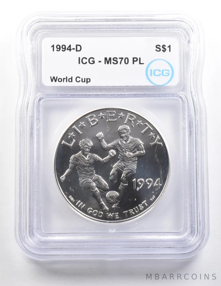 1994-D World Cup Soccer Commemorative Silver Dollar MS70 PL ICG