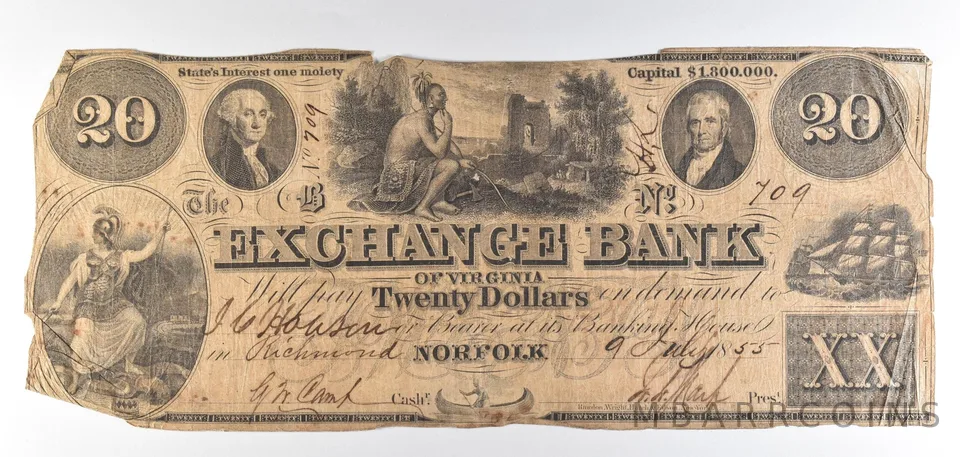 1855 $20 Norfolk VA Exchange Bank Obsolete Note *8880
