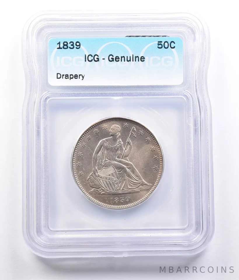 1839 Seated Liberty Half Dollar Drapery Genuine ICG a1657