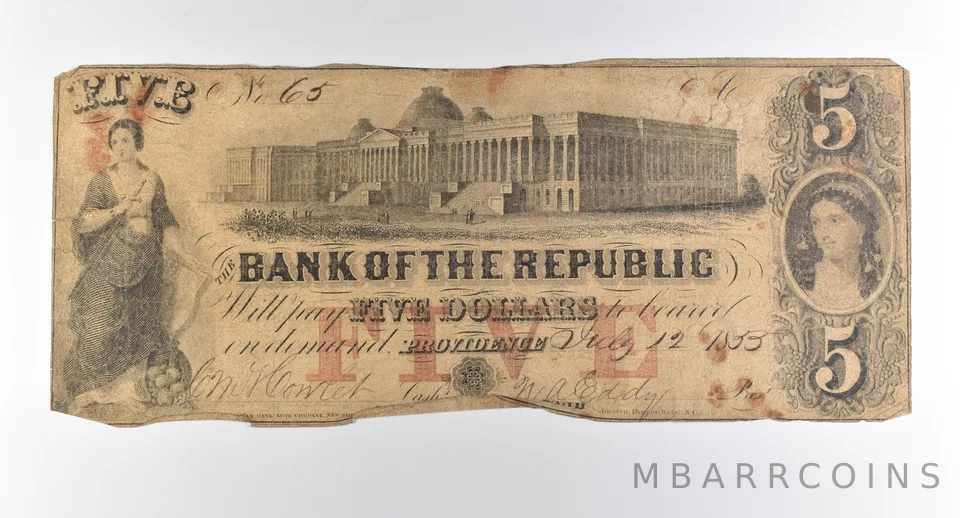 1855 $5 Providence RI Bank Of The Republic Obsolete Note *3783