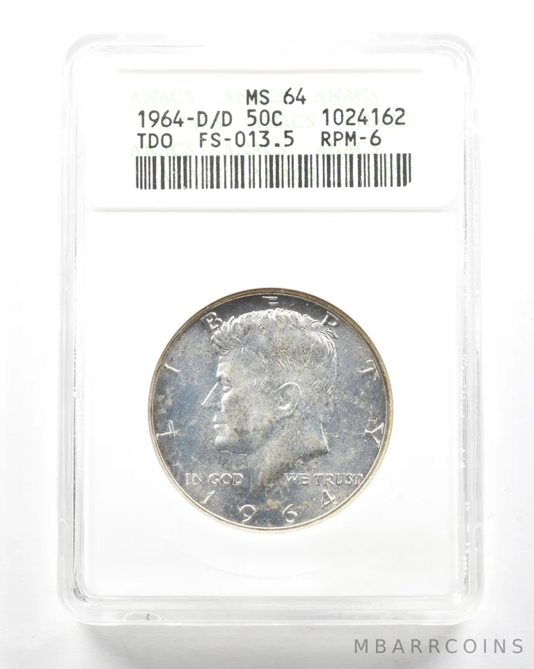 1964-D/D Kennedy Half Dollar TDO FS-013.5 RPM-6 MS64 ANACS *2076