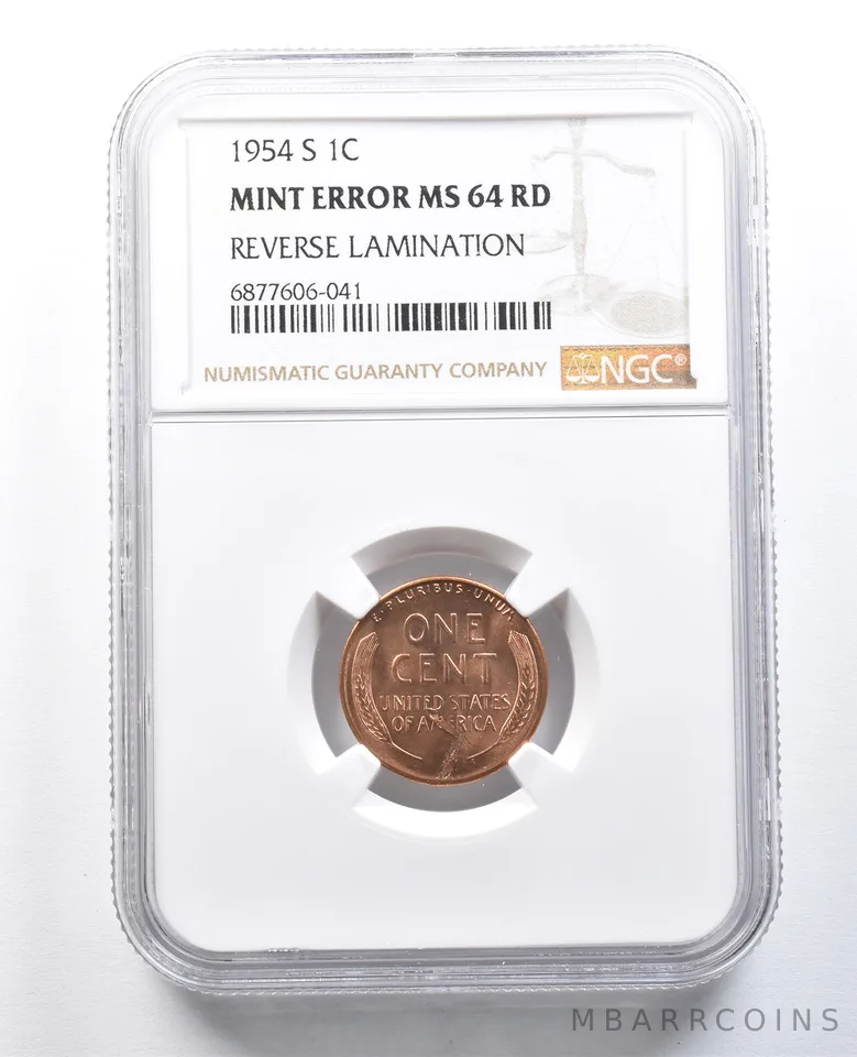 1954-S Lincoln Wheat Cent Mint Error Reverse Lamination MS64 RD NGC *8218